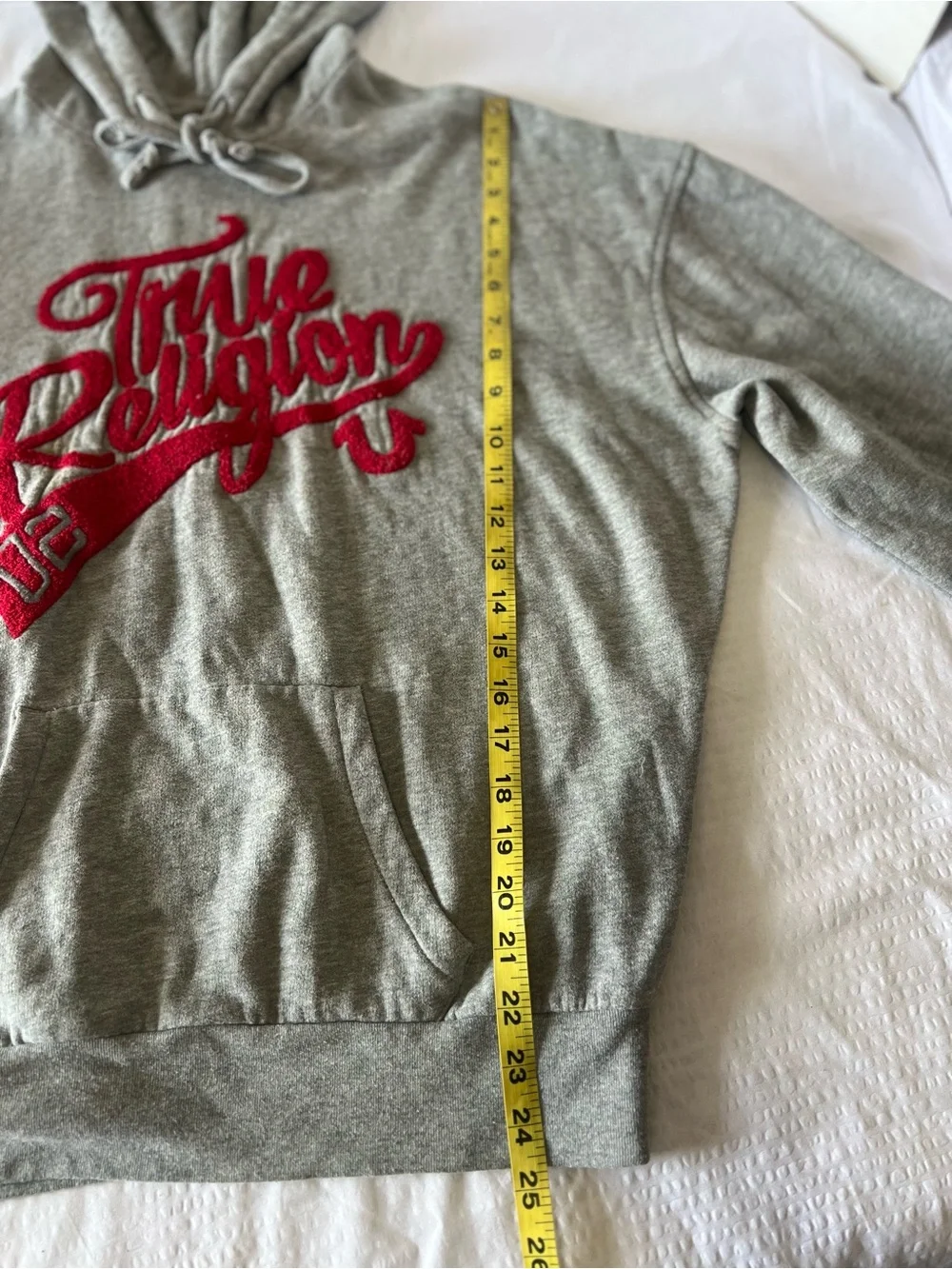 True Religion Grey Hoodie with Red Script Chest Logo